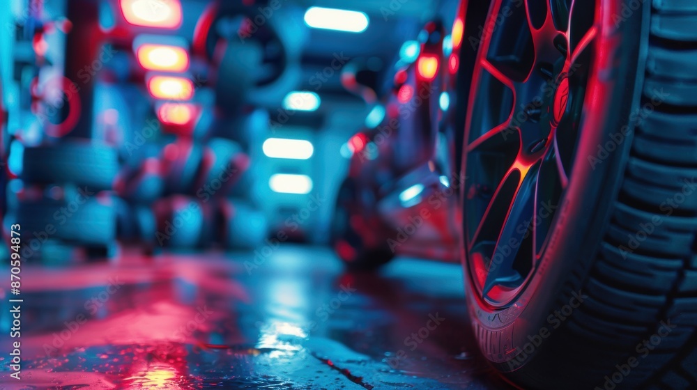 Obraz premium Close-up of a car tire in a neon-lit garage, creating a futuristic and vibrant automotive environment.