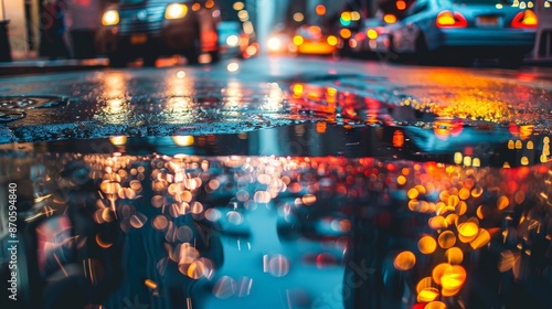 Puddles reflect city lights at night, turning streets into shimmering pathways.