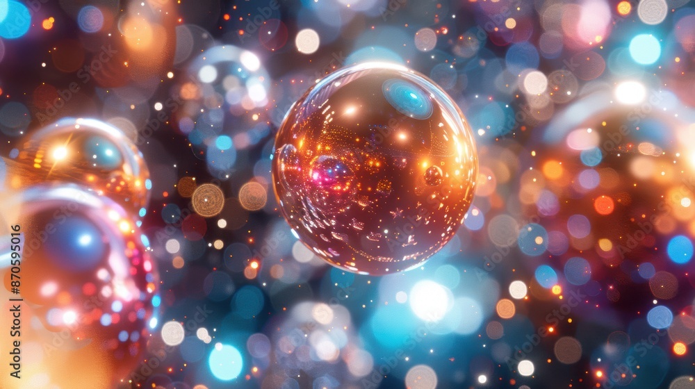 A vibrant scene of colorful bokeh lights with a reflective bubble capturing the surrounding lights, creating a magical atmosphere. A vibrant scene of colorful bokeh lights with a reflective bubble capturing the surrounding lights, creating a magical atmosphere.