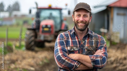 A smiling farmer in plaid shirt standing proudly by his tractor, representing hard work and rural life.