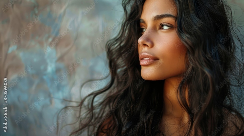 A close-up portrait of a beautiful brunette woman with long, wavy hair, gazing thoughtfully into the distance. Her face is illuminated by soft sunlight, creating a warm and inviting ambiance A close-up portrait of a beautiful brunette woman with long, wavy hair, gazing thoughtfully into the distance. Her face is illuminated by soft sunlight, creating a warm and inviting ambiance