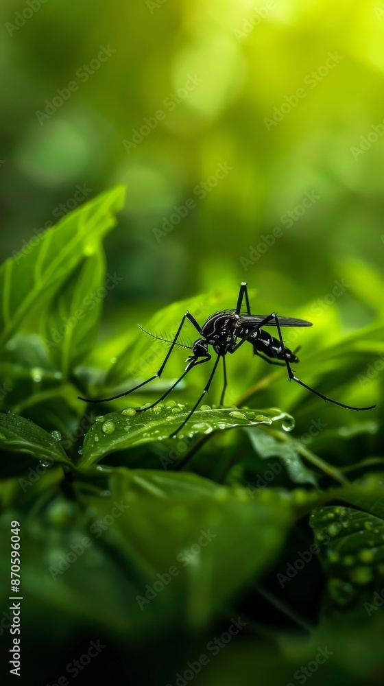 Mosquito in a tropical forest environment, surrounded by lush greenery and water droplets, highlighting detailed insect features and natural habitat in vibrant green setting. Mosquito in a tropical forest environment, surrounded by lush greenery and water droplets, highlighting detailed insect features and natural habitat in vibrant green setting.
