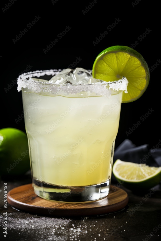 A classic margarita cocktail with a lime wedge garnishing the rim, showcasing the iconic combination of tequila, triple sec, lime juice, and salt A classic margarita cocktail with a lime wedge garnishing the rim, showcasing the iconic combination of tequila, triple sec, lime juice, and salt