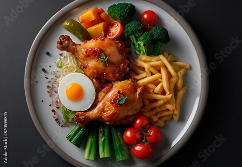 Tender, golden-brown chicken, perfectly seared and paired with a colorful array of fresh, vibrant vegetables. The dish is elegantly arranged on the plate, showcasing the succulent chicken and crisp ve