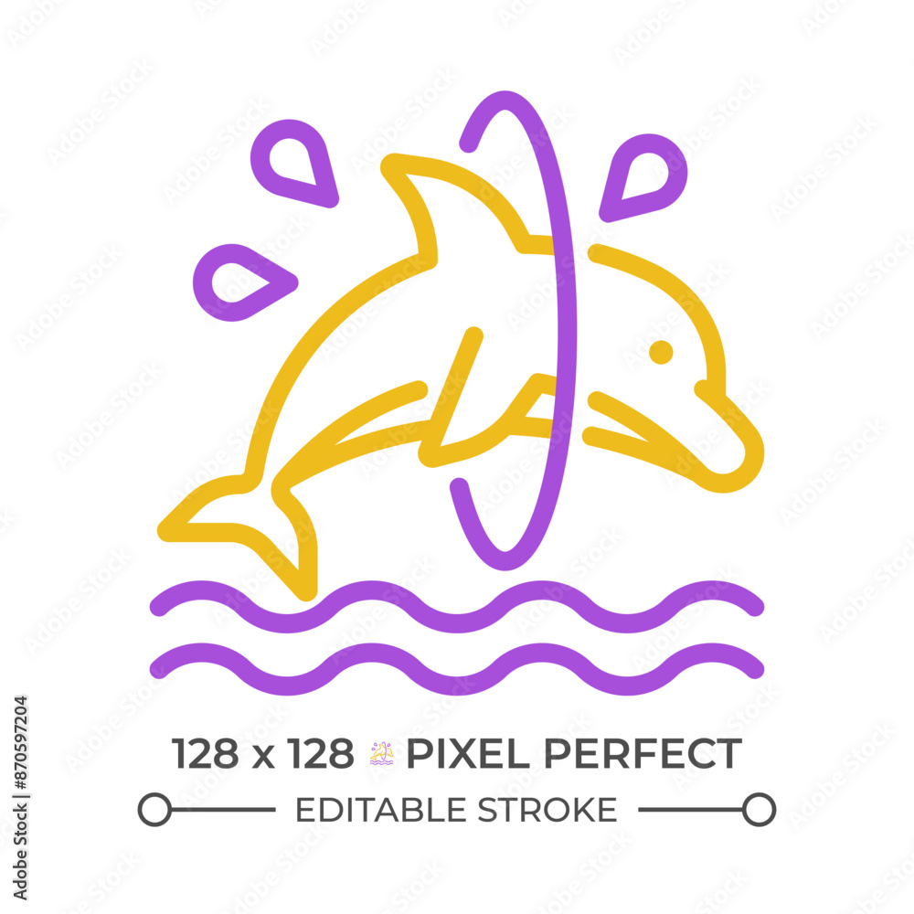 Fototapeta premium Dolphin trick pixel perfect two color line icon. Jumping through hoop. Dolphinarium. Acrobatic entertainment bicolor outline symbol. Duotone linear pictogram. Isolated illustration. Editable stroke