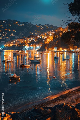 A harbor in VetalVit, a coastal city, is bustling with numerous boats floating under the glow of a full moon. The water reflects the shimmering light, creating a mesmerizing sight