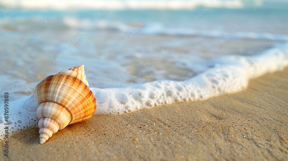 Serene Seashell: Minimalist Composition of a Seashell on a Sandy Beach with Gentle Waves in the Background Serene Seashell: Minimalist Composition of a Seashell on a Sandy Beach with Gentle Waves in the Background