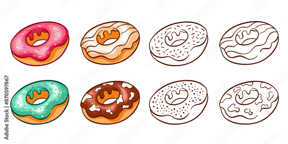 Donut collection in line art. Cartoon sweets design foe bakery, cafe menu. Vector illustration isolated on a white background. Donut collection in line art. Cartoon sweets design foe bakery, cafe menu. Vector illustration isolated on a white background.