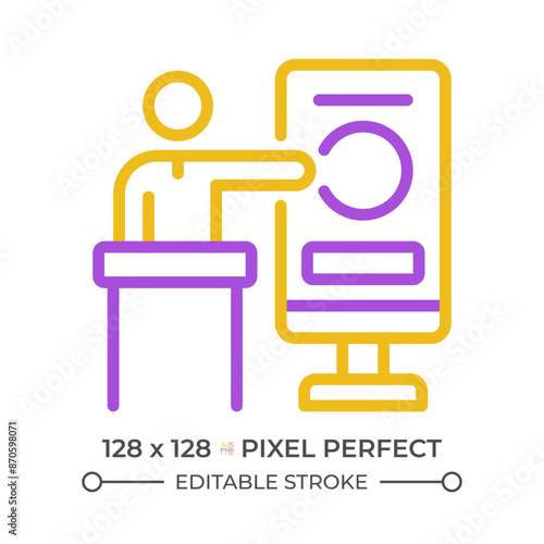 Trade conference pixel perfect two color line icon. Business event, promo stand. Financial symposium bicolor outline symbol. Duotone linear pictogram. Isolated illustration. Editable stroke