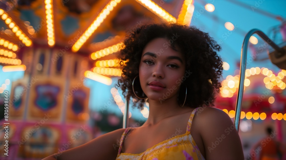 An African American black woman, with black curly hair and a yellow shirt, stands in front of a lunapark, carrousel rollercoaster at night or in the evening with lights on. Summer enjoyment, vacation An African American black woman, with black curly hair and a yellow shirt, stands in front of a lunapark, carrousel rollercoaster at night or in the evening with lights on. Summer enjoyment, vacation