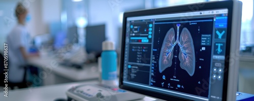Close-up of a computer screen displaying medical imaging of human lungs in a modern health care facility with blurred background.