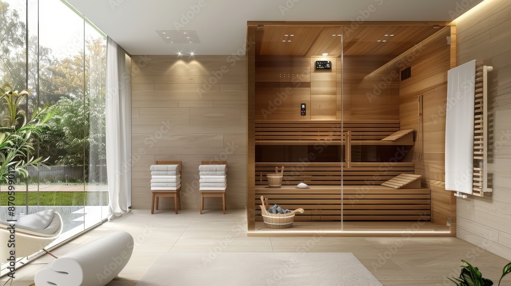 Fototapeta premium Modern, luxurious home sauna with wooden interior and large glass window, surrounded by clean, minimalist decor and natural light.