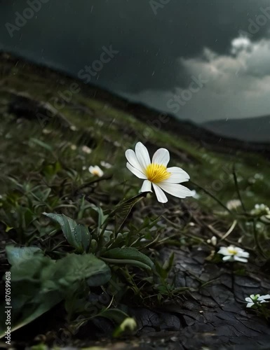 A humble little white crowfoot (Ranunculus peltatus) flower Swaying in the breeze, silently blossomingits fragrance of love wafts afar photo