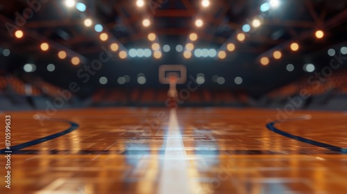 A basketball court illuminated with spotlights focusing on the hoop, capturing the intensity and excitement of the game.