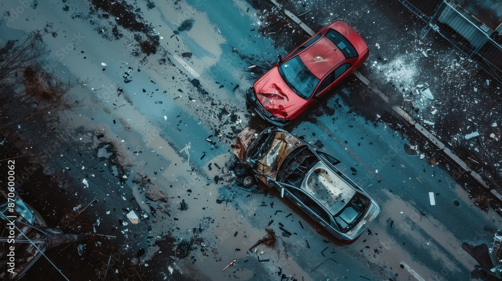 A high-angle view of two cars involved in a severe collision, surrounded by debris and damage on a rainy road. A high-angle view of two cars involved in a severe collision, surrounded by debris and damage on a rainy road.