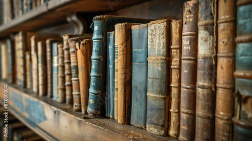 Vintage Library Collection: Row of Weathered Books on Dusty Shelves in Historical Library Interior