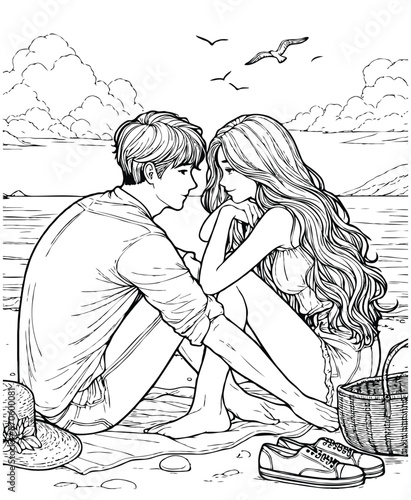 Girlfriend is sitting by the sea with her boyfriend Coloring page