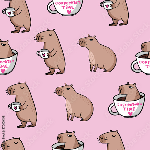 Pattern with capybara with cap. Background for textile, fabric, stationery, wrapping paper, pajamas and other design.