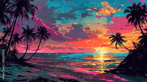 Tropical Morning Bliss: Tranquil Beach Sunrise with Silhouetted Palm Trees and Vibrant Sky