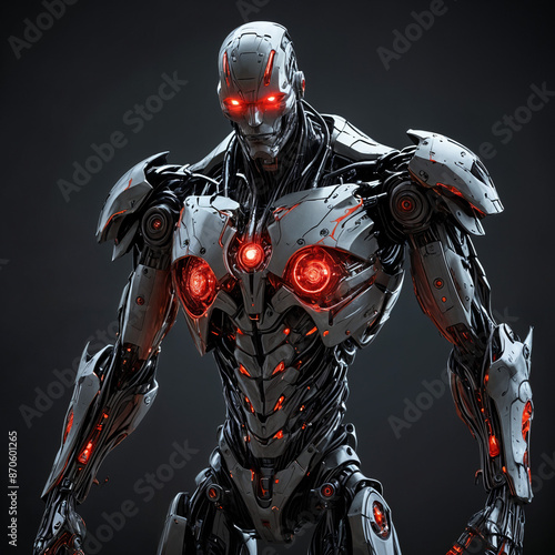 A menacing cyborg stands tall, its metal frame twisted and jagged, emitting a faint ominous glow. The figure is a concept art line drawing, showcasing intricate details and sharp edges.
