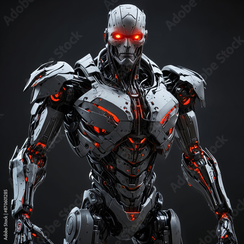 A menacing cyborg stands tall, its metal frame twisted and jagged, emitting a faint ominous glow. The figure is a concept art line drawing, showcasing intricate details and sharp edges.