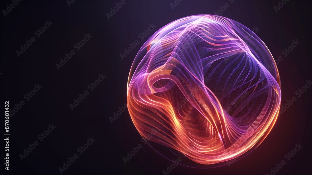 A semi-transparent gradient sphere made of purple and orange wavy lines, on a black background. A semi-transparent gradient sphere made of purple and orange wavy lines, on a black background.