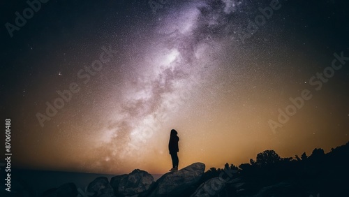 silhouettes of a man looking at shining stars and purple lights in space 