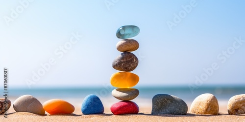 Balanced stack of colorful stones on a beach, pebble concept