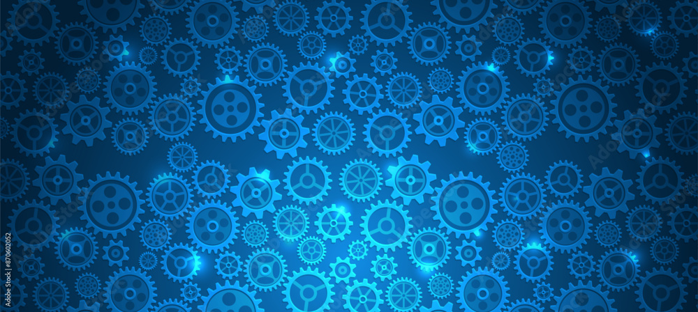 The mechanism consisting of gears on a blue background for the presentation. Cogwheel for science experiment presentation. Futuristic high tech concept. Business and industry internet banner. The mechanism consisting of gears on a blue background for the presentation. Cogwheel for science experiment presentation. Futuristic high tech concept. Business and industry internet banner.