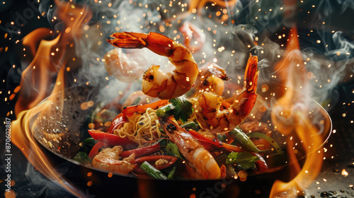 Close up of fire coming out from a wok with shrimp, vegetables and noodles being thrown into it