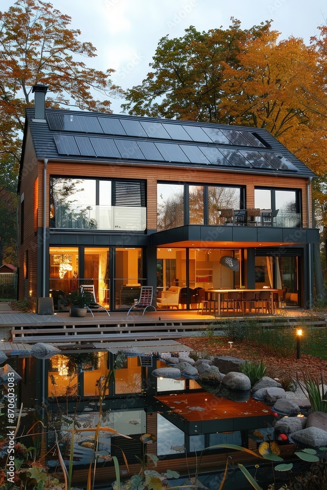 Obraz premium Contemporary eco-friendly house featuring large glass windows and solar panels, surrounded by autumn foliage and a serene pond.