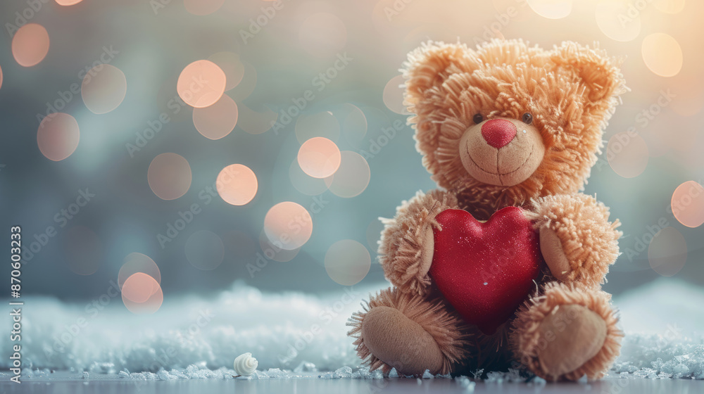 Fototapeta premium A cute teddy bear holding a red heart sits in a snowy setting with warm, bokeh lights in the background, symbolizing love.