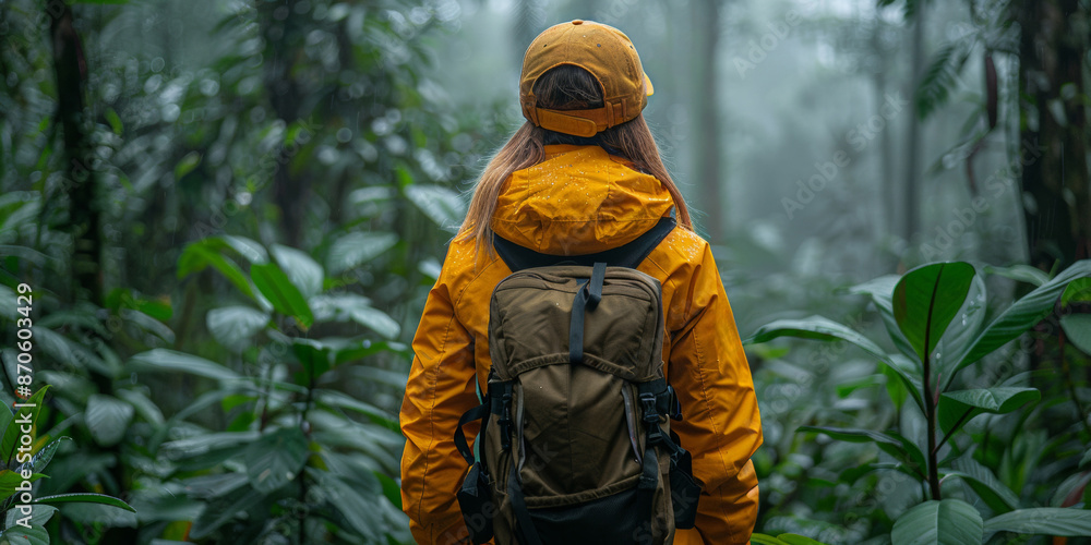 In a rainy, lush forest, a teen girl backpacks on a journey through nature's misty mysteries. In a rainy, lush forest, a teen girl backpacks on a journey through nature's misty mysteries.