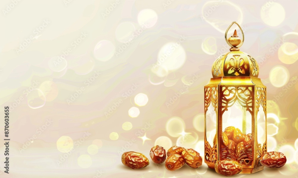 Golden lantern and dates fruit with bokeh light background for the Muslim Holiday. Banner for Eid, Ramadan, Islamic New Year, Mawlid, Isra Miraj etc Digital illustration, white background Golden lantern and dates fruit with bokeh light background for the Muslim Holiday. Banner for Eid, Ramadan, Islamic New Year, Mawlid, Isra Miraj etc Digital illustration, white background