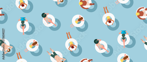 Vector flat illustration. Summer vacation concept. Blue pool with girls sunbathing. Used as background mockup for banner design. Horizontal seamless posters, wallpapers.