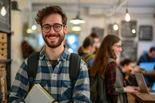 Smiling European College Student Holding Books in a University Cafe