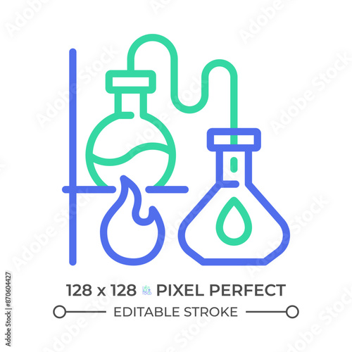 Distillation two color line icon. Chemistry lab. Boiling flask. Chemical experiment. Separation process bicolor outline symbol. Duotone linear pictogram. Isolated illustration. Editable stroke