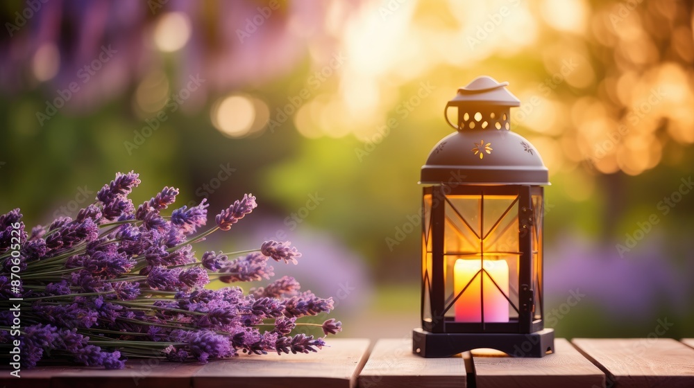 Cozy lantern illuminated with a candle, surrounded by lavender flowers, in an evening garden. Cozy lantern illuminated with a candle, surrounded by lavender flowers, in an evening garden.