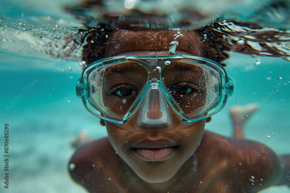 Naklejka premium Young Boy Wearing Swimming Goggles Under Water In Blue Lagoon