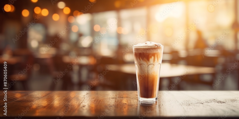 Iced coffee latte in a tall glass on a wooden table in cozy cafe, coffee shop concept Iced coffee latte in a tall glass on a wooden table in cozy cafe, coffee shop concept
