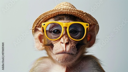 A monkey wearing a tiny hat and sunglasses.