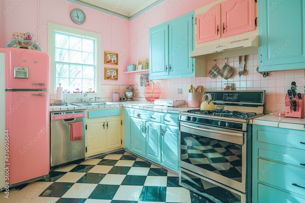 Fototapeta premium Retro kitchen with pastel colors and vintage fridge.