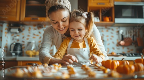 Fototapeta Naklejka Na Ścianę i Meble -  Mother and child baking autumn-themed treats in the kitchen, fall cooking, sweet moments