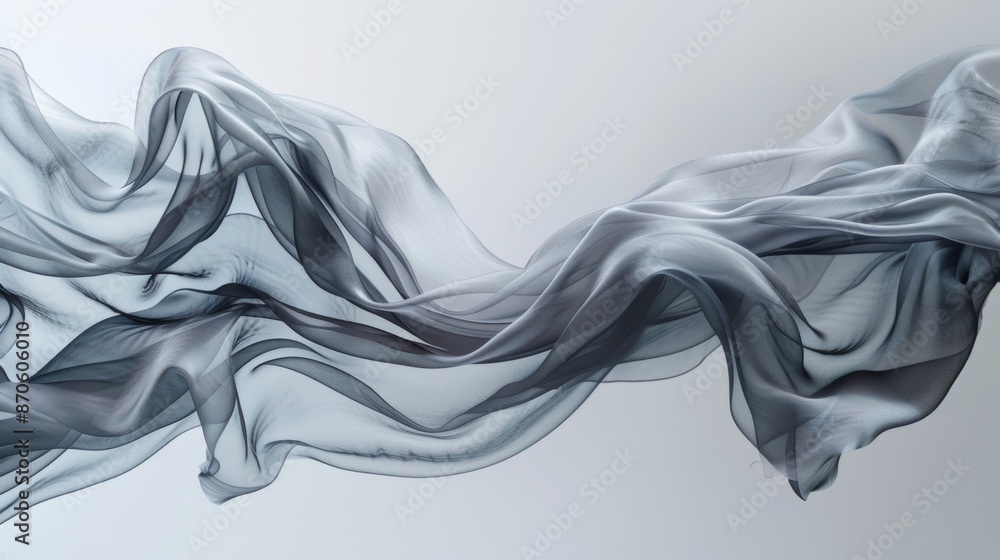 Flowing Gray Fabric Draped Against White Background Flowing Gray Fabric Draped Against White Background