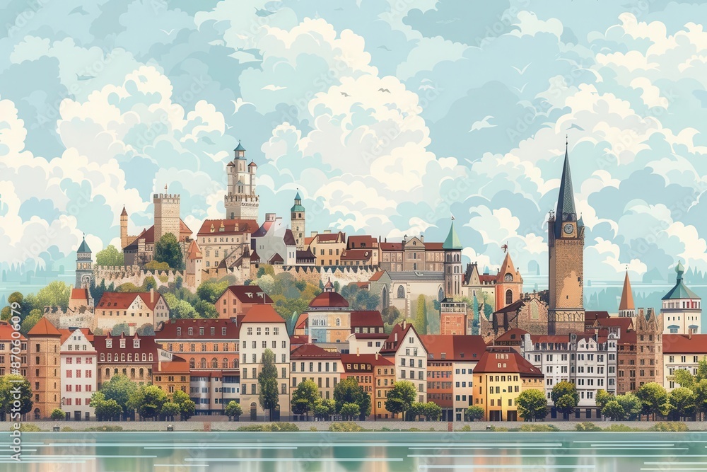 Fototapeta premium Scenic European medieval town featuring historic buildings and towers by the river, under a cloudy blue sky, with lush greenery.