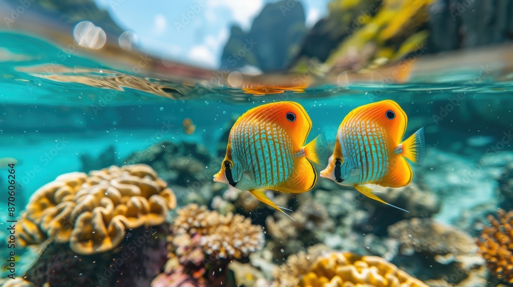 Fototapeta premium Two vibrant tropical fish swimming near a coral reef in clear, turquoise water, showcasing the beauty of underwater marine life.