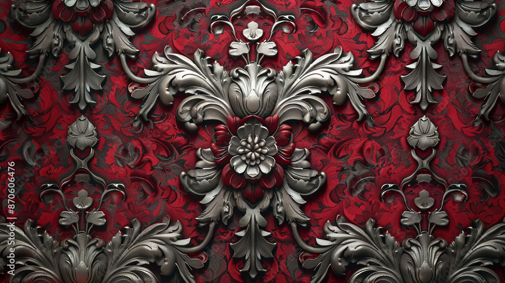 An elegant Victorian pattern in deep red and silver, with intricate floral designs and a regal appeal, ideal for wallpapers and textiles, captured in stunning clarity. An elegant Victorian pattern in deep red and silver, with intricate floral designs and a regal appeal, ideal for wallpapers and textiles, captured in stunning clarity.