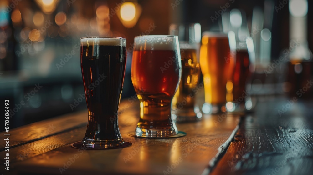 A variety of craft beers in different glasses on a bar counter, highlighting diverse colors and textures, with a blurred background of bar lights. A variety of craft beers in different glasses on a bar counter, highlighting diverse colors and textures, with a blurred background of bar lights.