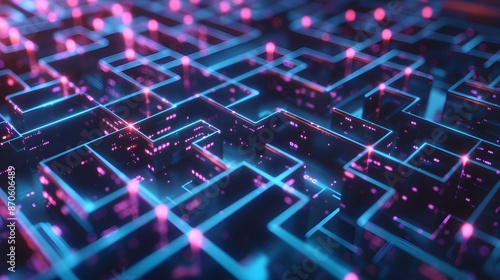 Critical Path as a complex maze in a high-tech, neon-lit world. It has the critical path highlighted as a glowing blue line. which leads to the success of the project