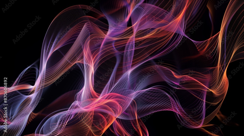 A digital art piece of abstract waves and lines forming complex patterns in a black background. A digital art piece of abstract waves and lines forming complex patterns in a black background.